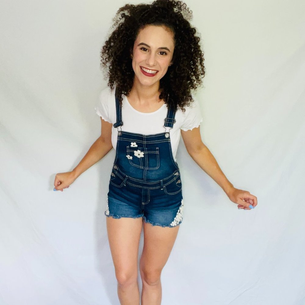 White Flower Jean Short Overalls